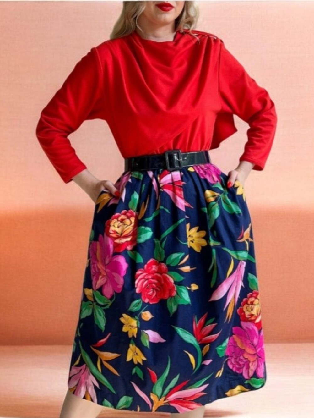#T011 Vintage Clothing Floral Midi Skirt with Navy Base - Women's Skirt